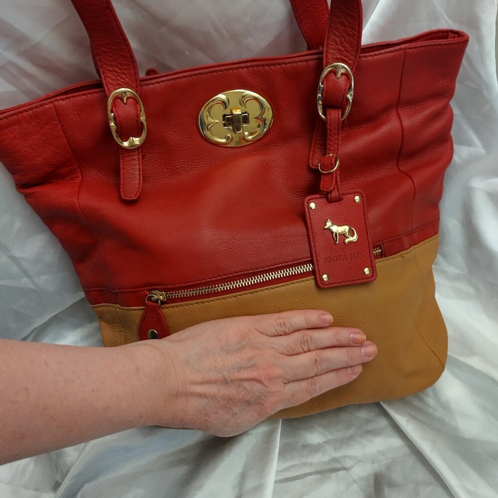 * Emma Fox Beautiful LEATHER Handbag LARGE Red Yellow Brown Huge Interior Gold